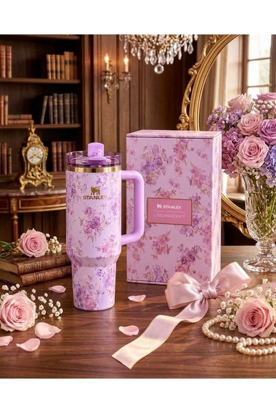 Primo Plus كوب ستانلي معزول حراريًا بتصميم زهري من لوف شاك فانسي مع مقبض وعلب...