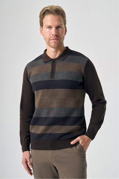 İmza Brown-Beige Polo Collar Knitted Striped Pattern Comfort Fit Cotton Knitw...