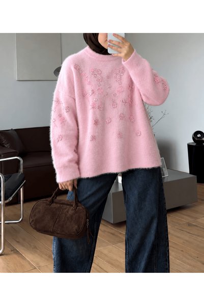 Hepsi Moda Bead Embroidered Angora Sweater -2903 - Powder Pink (Os)