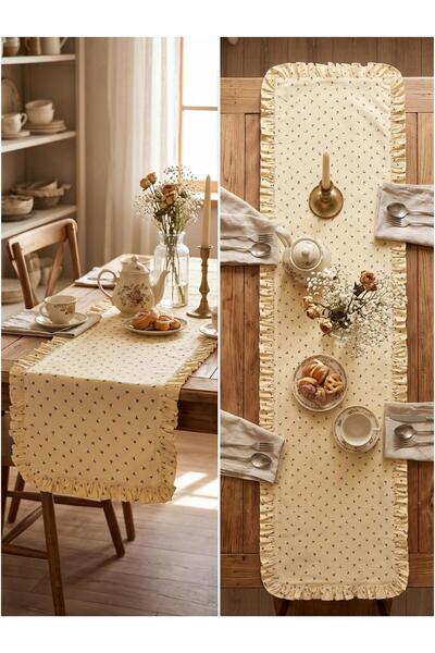 vintagetasarım runner çiçekli fırfırlı vintage sarı 40x128cm