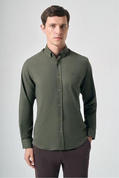 İmza Khaki Buttoned Collar Oxford Slim Fit Cotton Shirt 1004265125