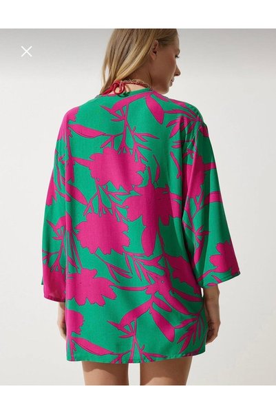 Tropikal Desenli Yeşil Pembe Blazer Ceket