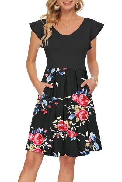 OtherMax Rochie de Damă de Vară cu Decolteu în V și Buzunare Roz Negru Mărimea S
