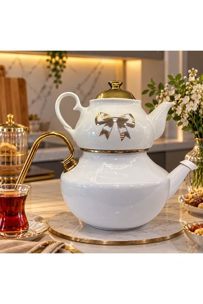ALEV EMAYE Gold Fiyonklu Beyaz Porselen Emaye Çaydanlık Takımı Üst Demlik 1 L...