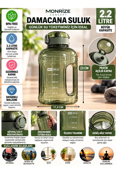 Monrize Concept 2.2 Litre Damacana Suluk Büyük Boy Kulplu Ölçülü Su Matarası ...
