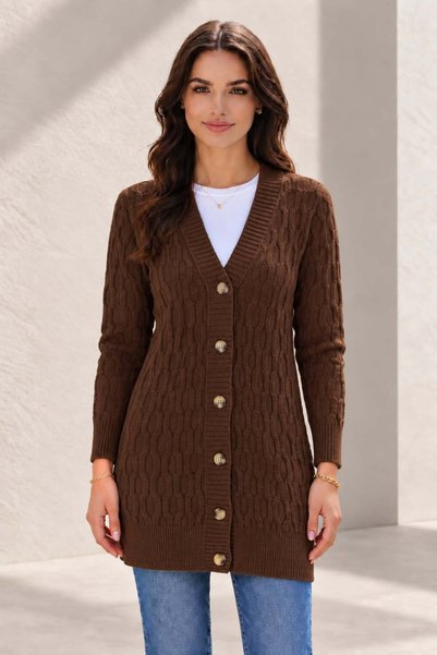 hanope Women's V-Neck Long Sleeve Buttoned Chain Knit Patterned Embossed Brow...