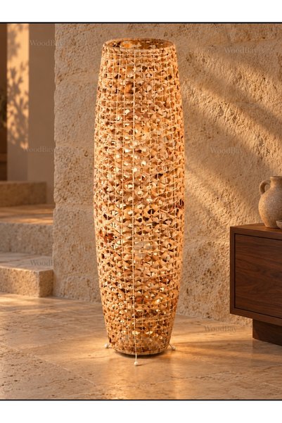 WoodBay Doğal Hasır Örgü Lambader Bohem Dekoratif Ayaklı Lamba 25x87 cm