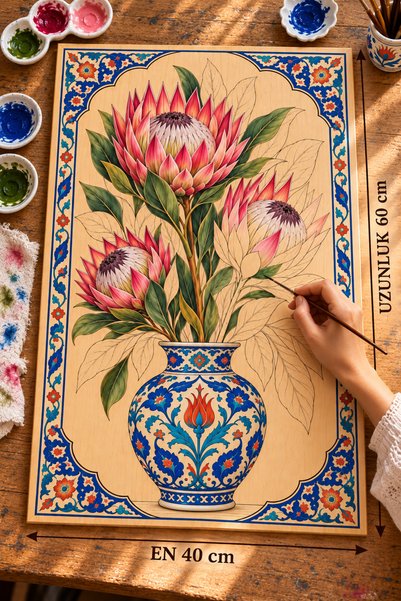 TOTTERİQ Protea Çiçeği desenli Ahşap Çini Tablo Boyama Seti 40x60 cm, 12 Renk...