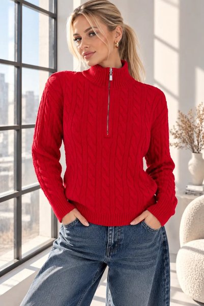 Park Karon Women's Braided High Collar Half Zipper Knitwear Sweater 8749Sw