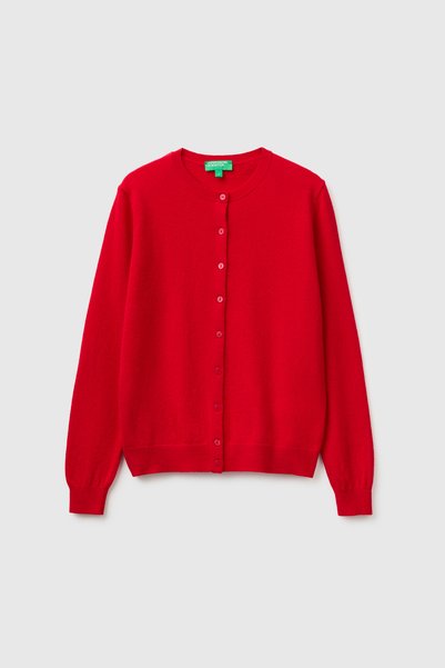 United Colors of Benetton Women's Red 100% Merino Crew Neck Cardigan