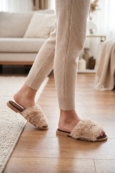 Moda Devrin Kadın Vizon Peluş Tüylü Detaylı Günlük Düz Terlik