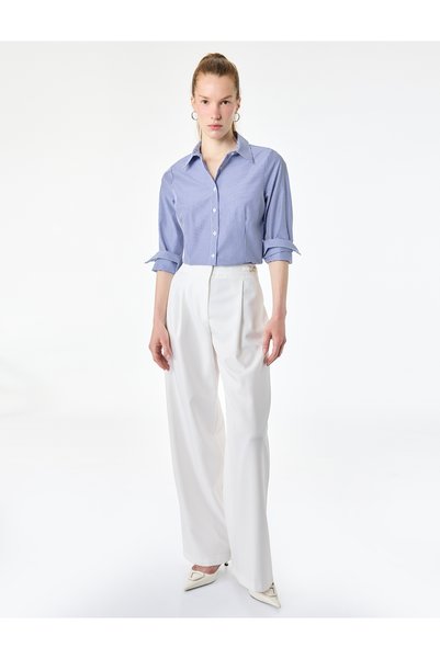 Koton Women Blue Striped Collared Long Sleeves Shirt