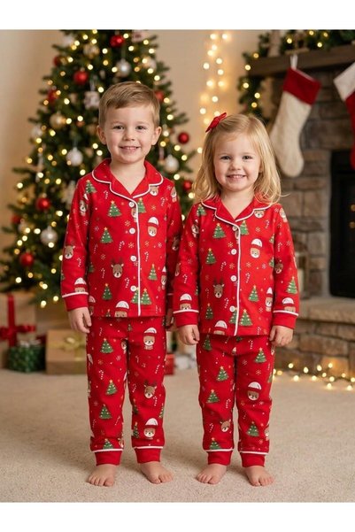 modaminikler Christmas New Year Themed Unisex 100% Cotton Pajama Set