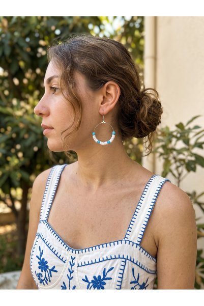 Generic Brand Bohemian Style Handmade Beaded Hoop Earrings - Blue White