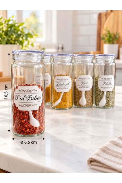 MODA OZY 6'lı Büyük Boy Cam Kavanoz Saklama Kabı Baharatlık Seti Süper Set 500 Ml (Kaşık- Etiket Hediyeli)