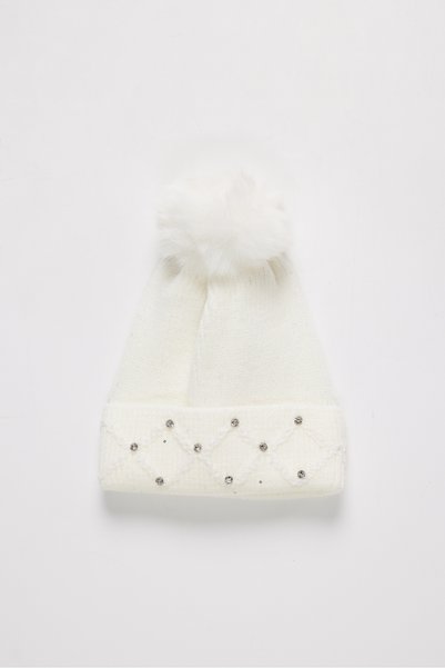 PAULMARK Girl's Knitted Beanie with Diamond Pattern and Stone Detail