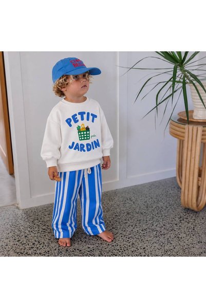 YİGİT BUTİK Erkek Çocuk Baskılı Sweatshirt ve Mavi Beyaz Çizgili Pantolon Takımı 3 İplik Şardonsuz 2-8 Yaş
