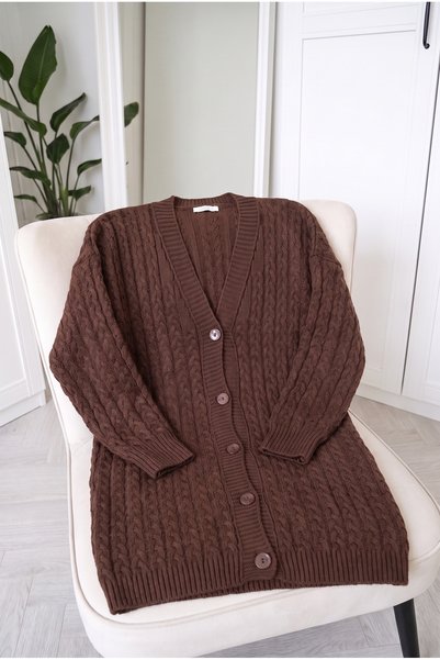 Kirazca Butik Women's Thessaloniki and Hair Braid Patterned Buttoned Long Kni...