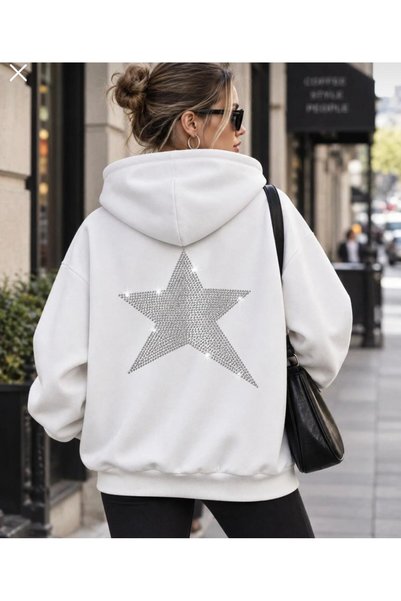 vipelmoda Women's Comet Back Stone Print Detailed Oversize Hooded Sweatshirt ...