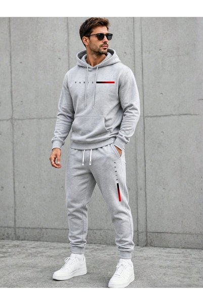 DASH WEAR طقم بدلة رياضية من القطن للجنسين مطبوع عليه PARIS باللون الرمادي وي...