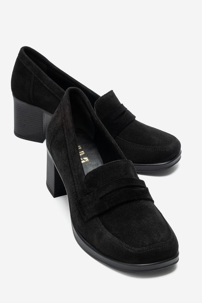LuviShoes KELLYS Siyah Süet Hakiki Deri Kadın Topuklu Loafer Ayakkabı