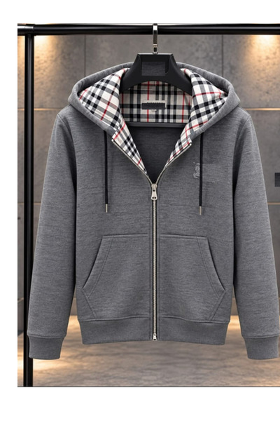 m.baba 3 İplik Şardunsuz Ekose İç Detaylı Fermuarlı Kapüşonlu Hoodie Zip Hırka