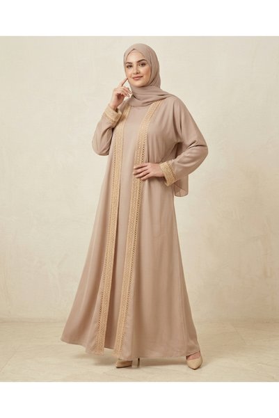 Muchmy Premium Beige 3-Piece Abaya Set with Lace Border Inner and Hijab