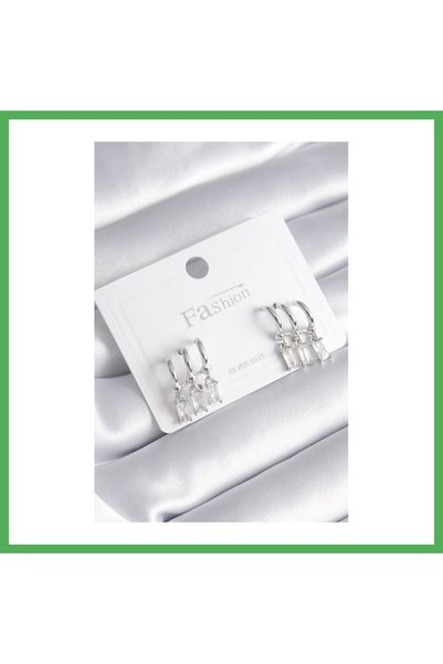 Nur store Çanta Brass Silver Color 3-Piece Dangle Zircon Stone Earrings Bezoss