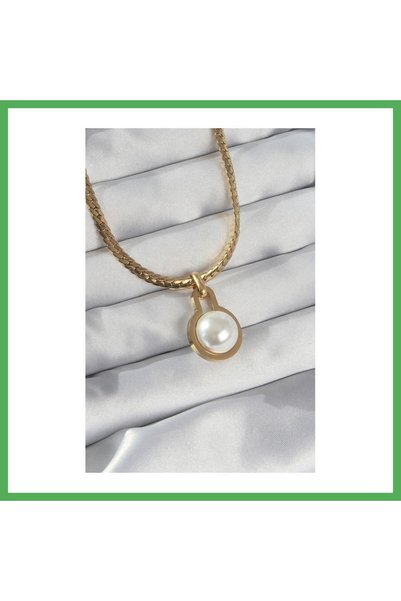 Nur store Çanta 316L Steel Gold Color Flat Chain Pearl Stone Necklace Bezoss