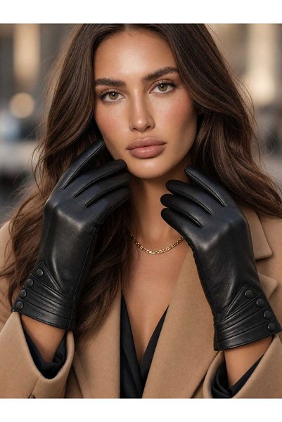 GİYU SHOP Women's Winter Lambskin Button Patterned Gloves