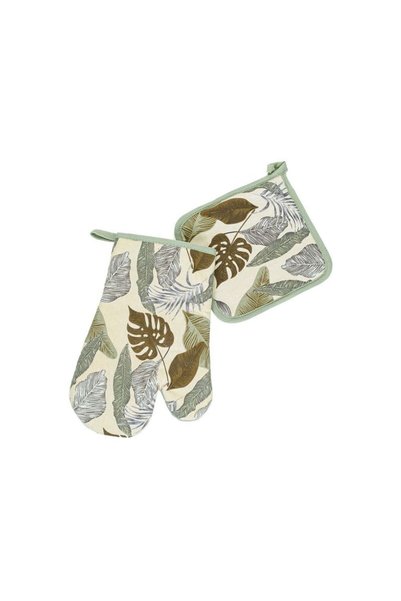 Jumbo Manusa & Servet de Bucatarie Bej cu Model Frunze Tropicale - 2buc