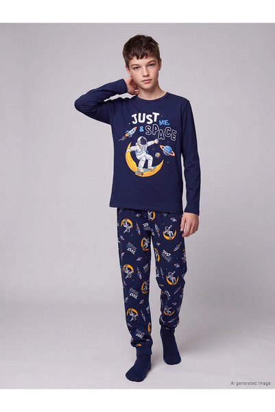 LC Waikiki Lcw Kids Navy Blue Crew Neck Boys' Pajama Set