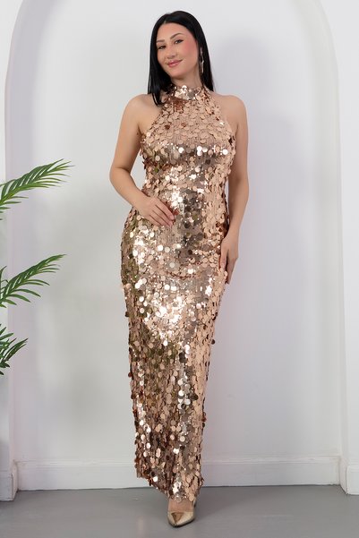 PULLIMM Halter neck large sequin dress evening gown ecr6094