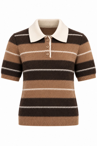 HAZELANNA Kahverengi Kontrast Polo Yaka Dokulu Triko