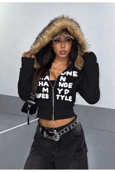 Weekeep Y2K Trend Furry Printed Cardigan Streetwear Cardigan with Femuar/ Str...