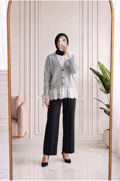 Holehola كارديجان تريكو من أهوكيمال بأكمام وحواف من الدانتيل -KR6090 رمادي