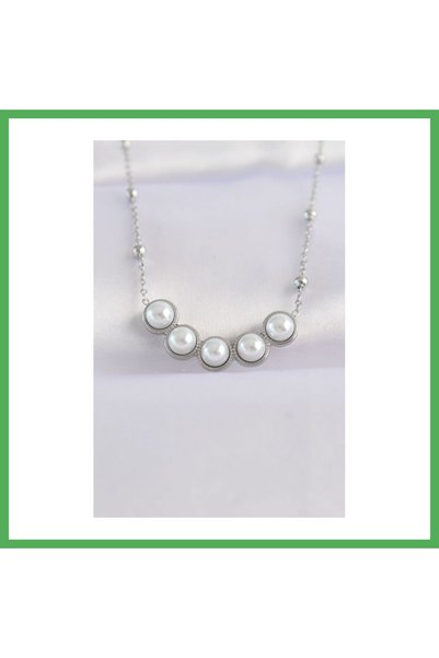 Nur store Çanta 316L Steel Chain Silver Color Row Pearl and Stone Necklace Be...