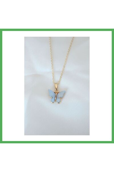 Nur store Çanta Gold Color Plated Ice Blue Color Pearlescent Butterfly Neckla...