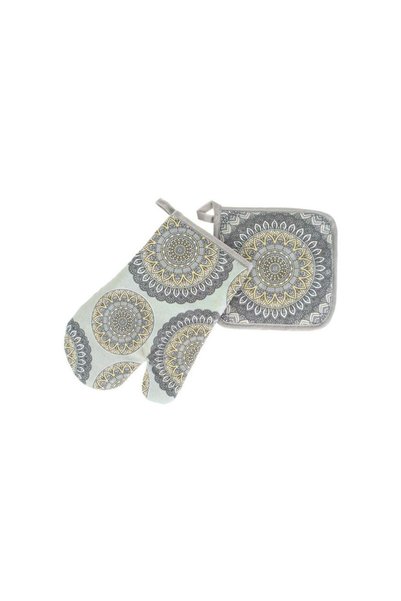 Jumbo Set Manusa & Servet de Bucatarie Gri cu Mandala Galben - 2buc