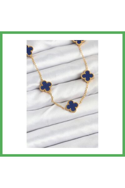 Nur store Çanta 316L Steel Chain Gold Color Navy Blue Clover Women's Necklace...