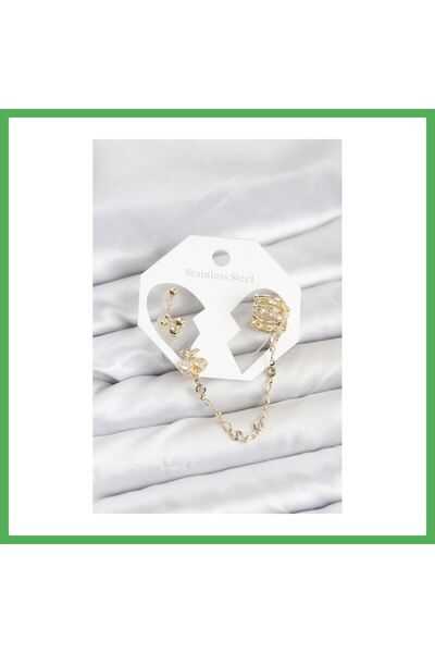 Nur store Çanta Cherry Model Brass Gold Color Chain Linked Ear Cuff Earring S...