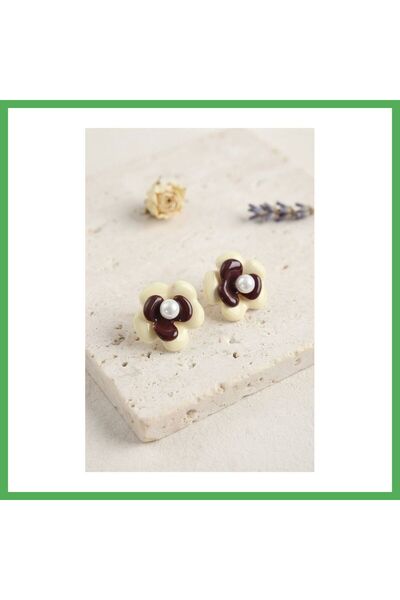 Nur store Çanta Pearl Detailed Cream Brown Color Daisy Model Women's Earrings...
