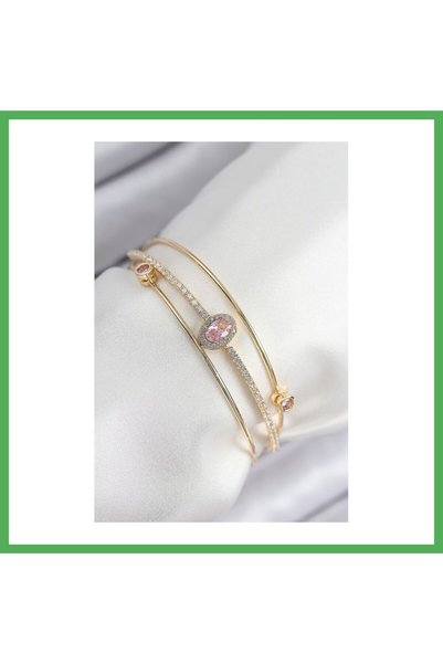 Nur store Çanta Brass Zircon Stone Baguette Model Gold Color Women's Bracelet...