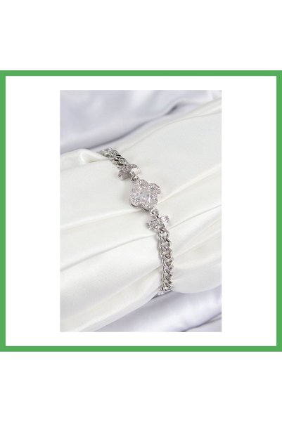 Nur store Çanta سوار نسائي من النحاس والزركون موديل كلوفر فضي اللون من BEZOSS