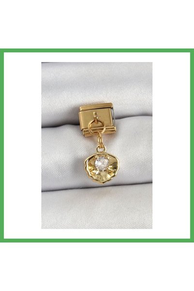 Nur store Çanta 316L Steel Dangle Zircon Stone Oyster Model Gold Color Nomina...