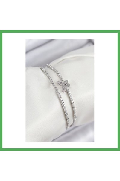 Nur store Çanta Brass Zircon Stone Butterfly Model Silver Color Women's Brace...