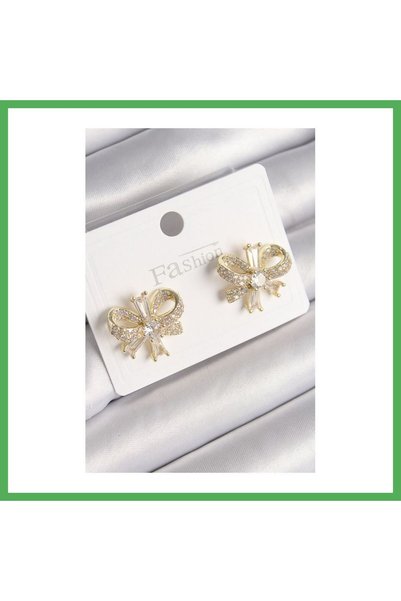 Nur store Çanta Brass Gold Color Zircon Stone Bow Model Women's Earrings Bezoss