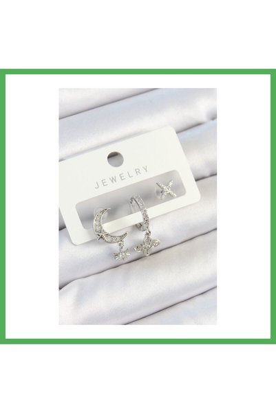 Nur store Çanta طقم أقراط نسائية من حجر الزركون النحاسي على شكل زهرة وقمر بال...