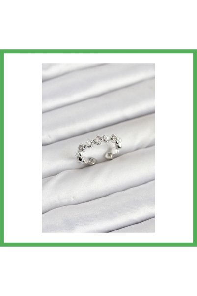 Nur store Çanta خاتم نسائي من النحاس الفضي اللون مع حجر الزركون واللؤلؤ BEZOSS