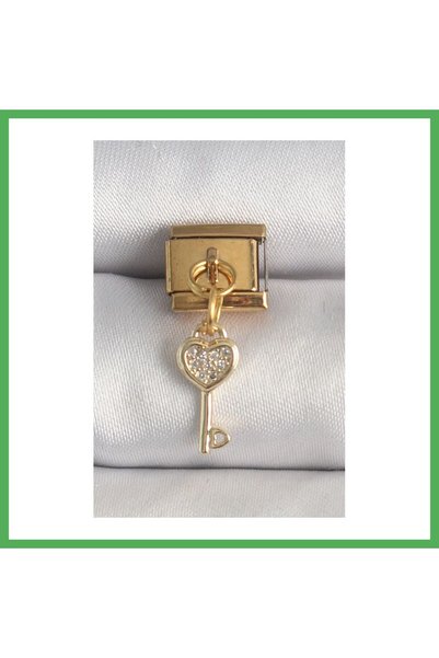 Nur store Çanta 316L Steel Gold Color Dangle Zircon Stone Heart Key Model Nom...